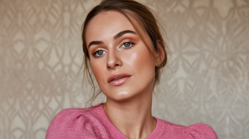 A medium shot of a woman with dewy summer makeup. She has light brown hair and is wearing a pink sweater. The background is a beige wall with a pattern