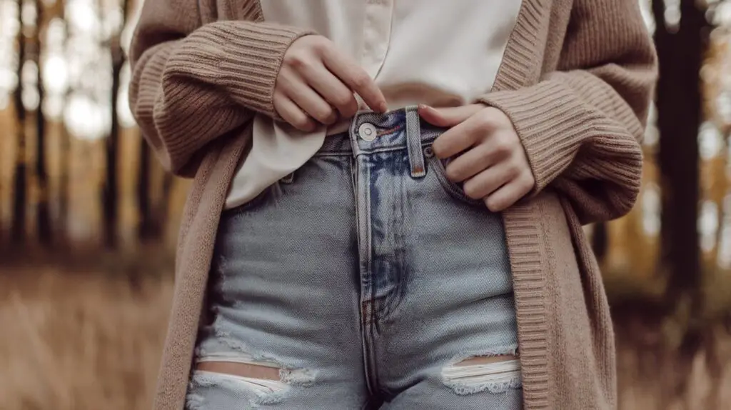 Broken Blue Jeans with Beige Top outfit for fall