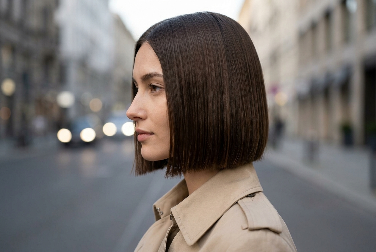 A woman in side profile wearing a sleek chin length straight bob haircut with blunt ends on a blurred city street background