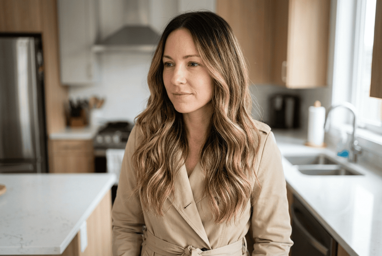 Woman with soft hand painted balayage highlights in wavy brunette hair