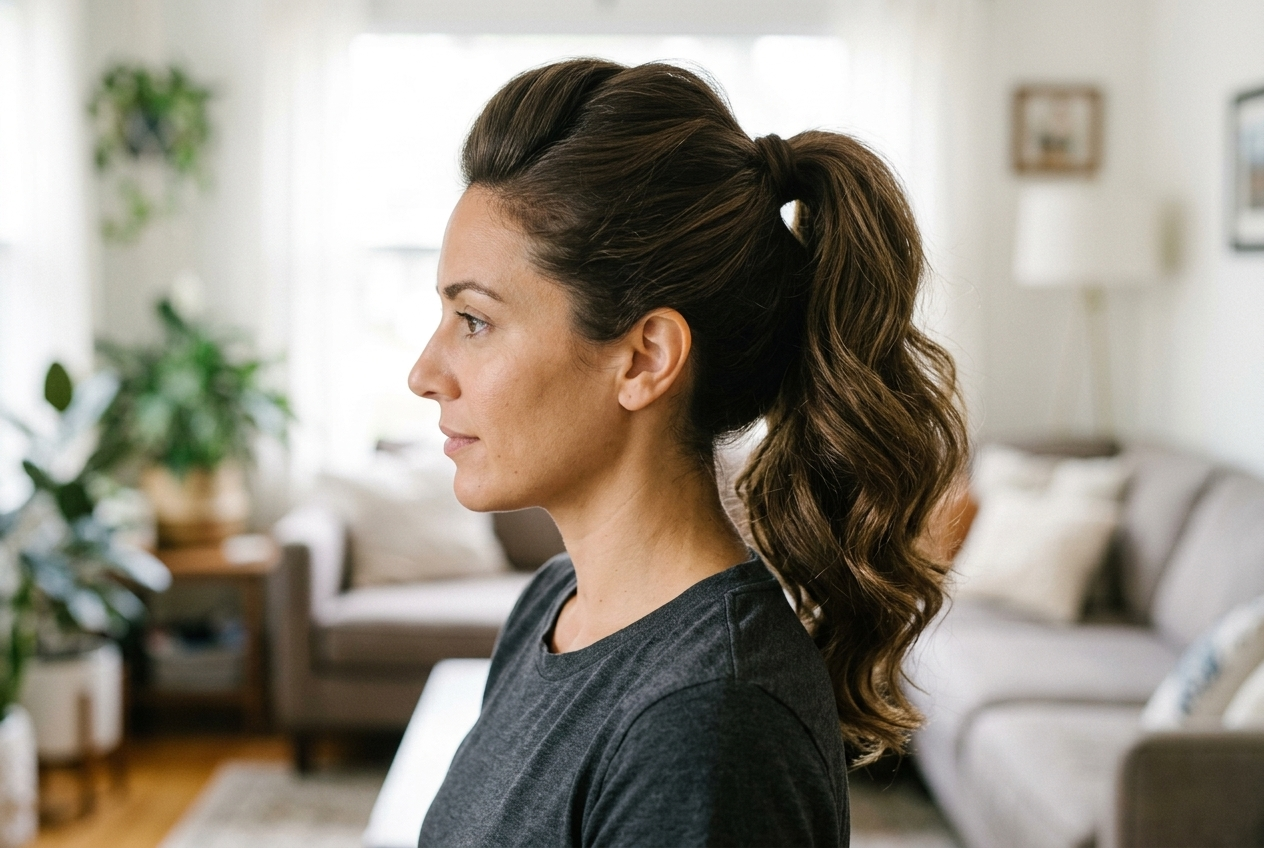 Woman with a full voluminous high ponytail showing lifted roots and soft waves