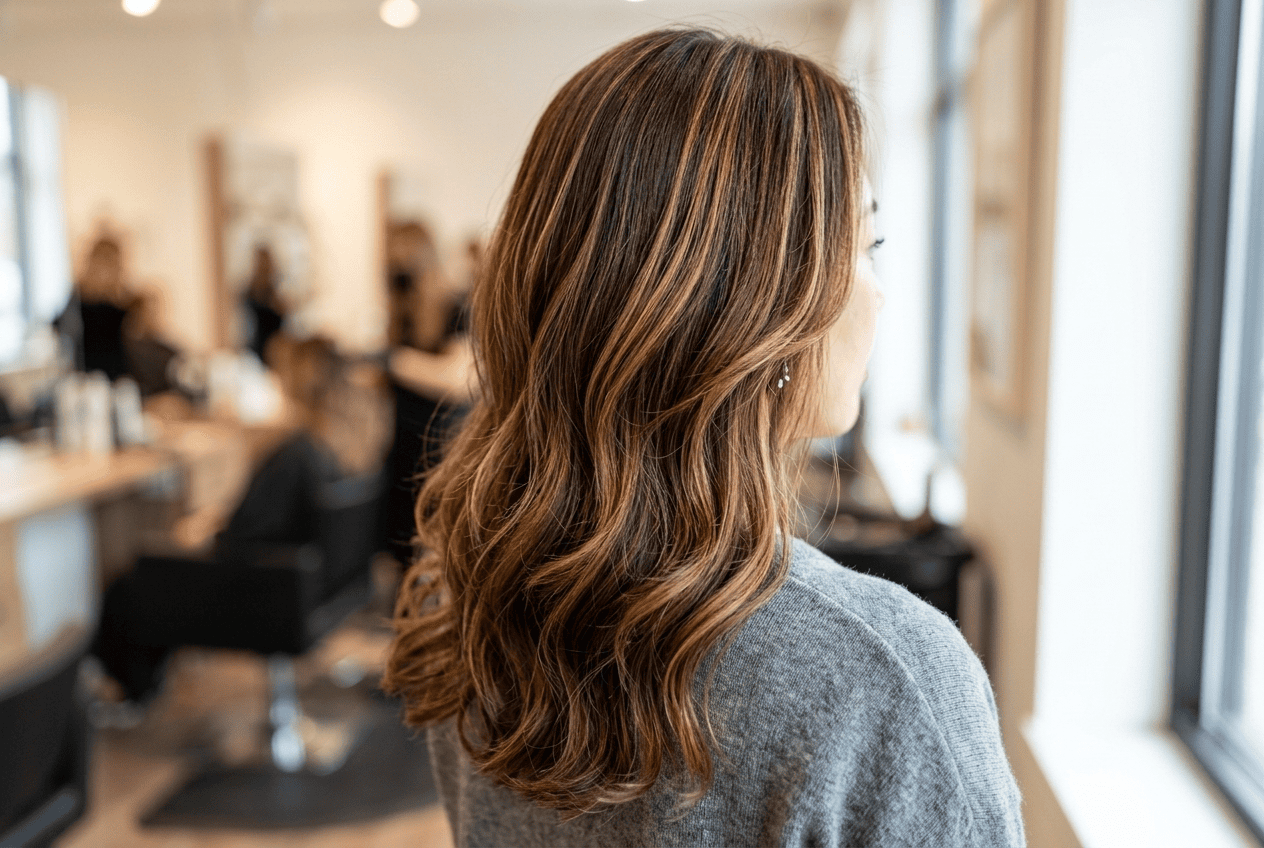 Soft dimensional highlights blended through brunette hair