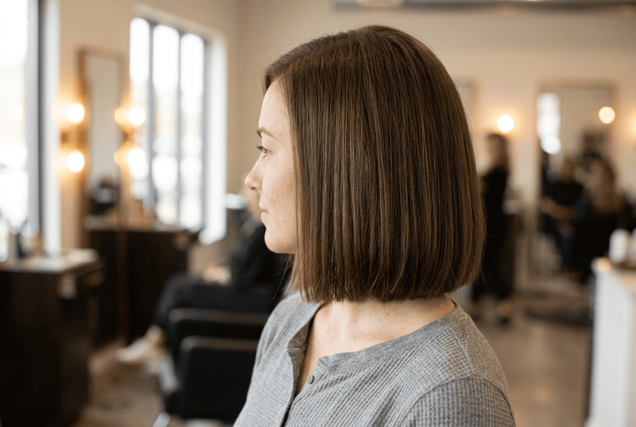 Woman with a full blunt bob haircut styled for thin hair