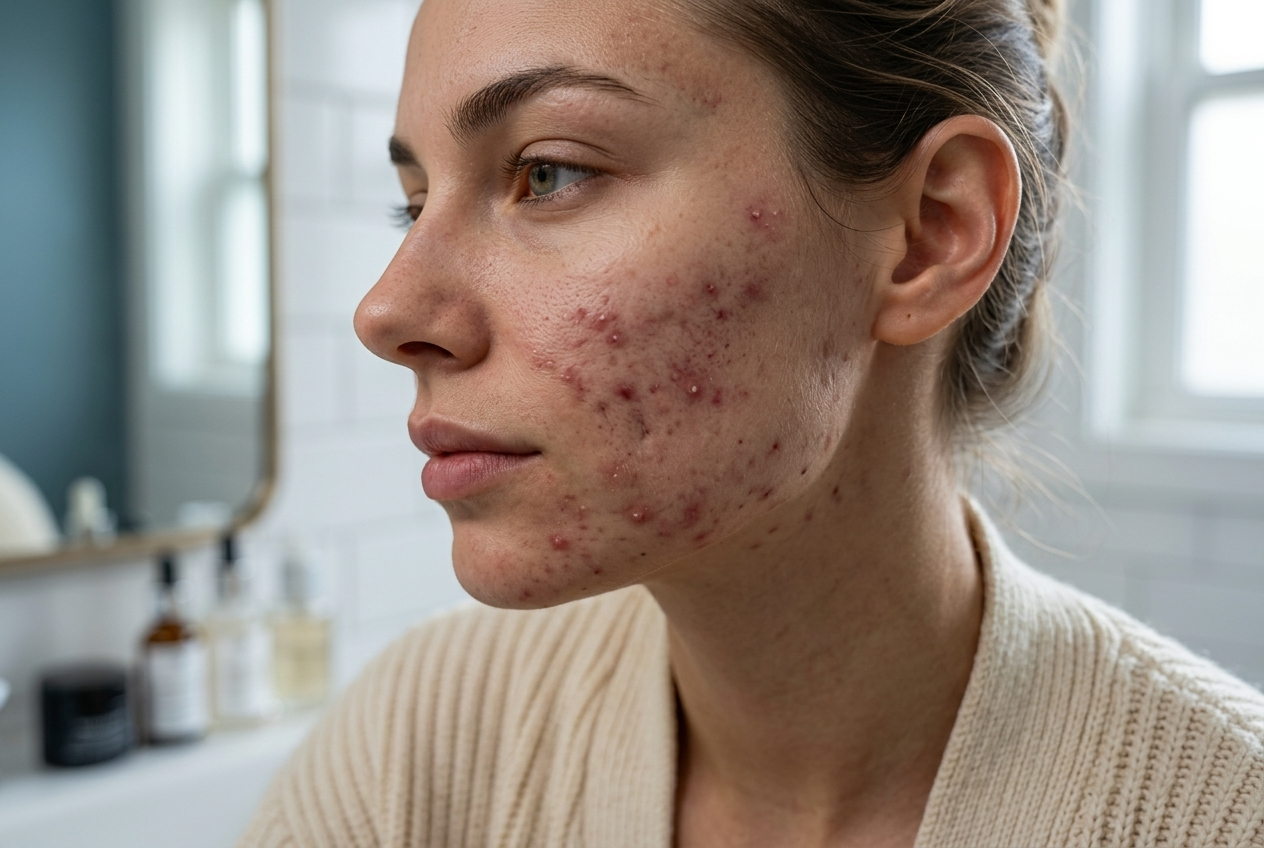 Woman with acne prone skin in side profile wearing a ribbed cardigan in a softly lit bathroom interior