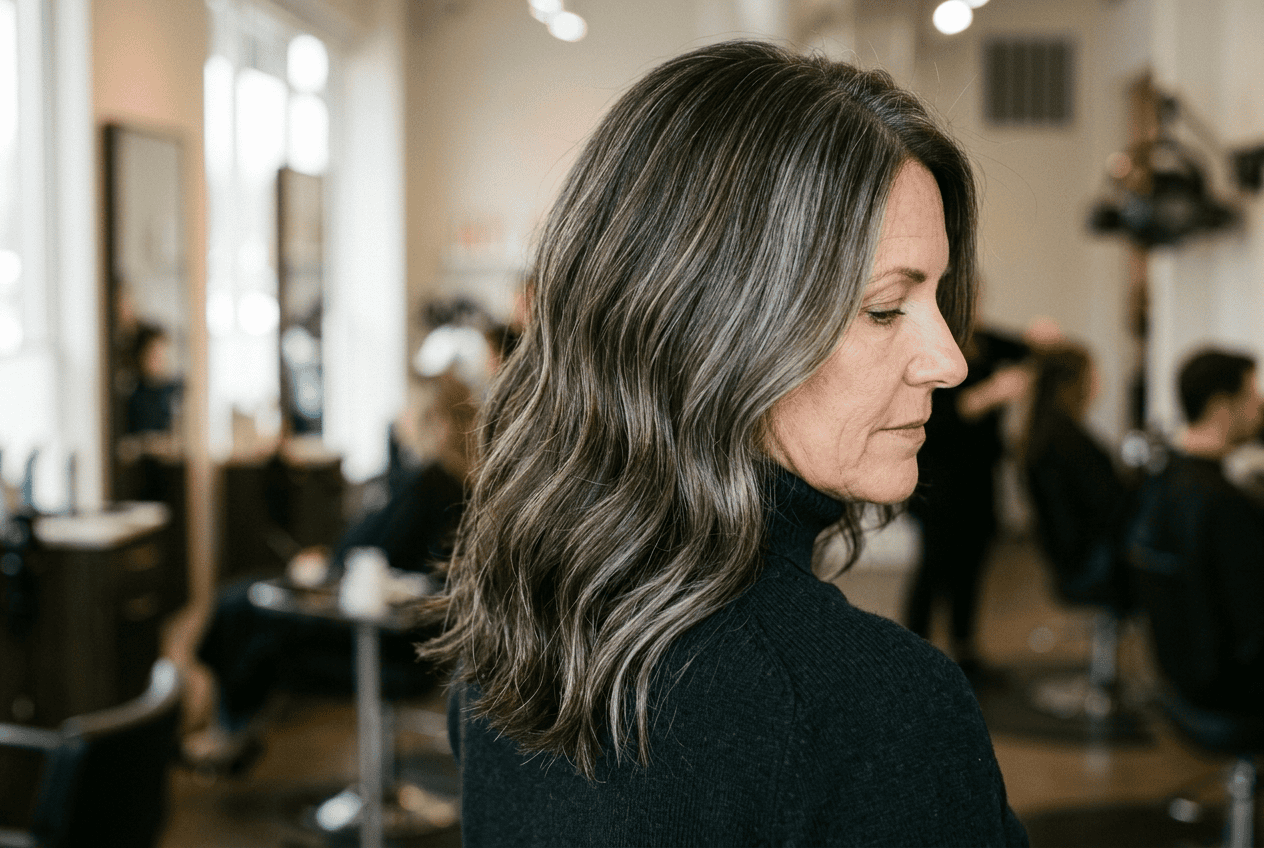 Mature woman with dark brown hair and blended gray highlights shown from behind in soft natural light