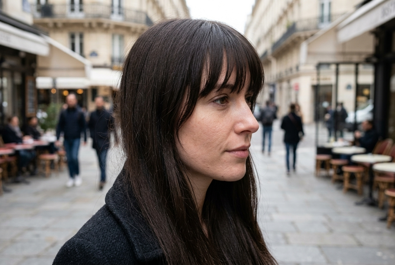 Woman with long soft French bangs framing her face on a city street