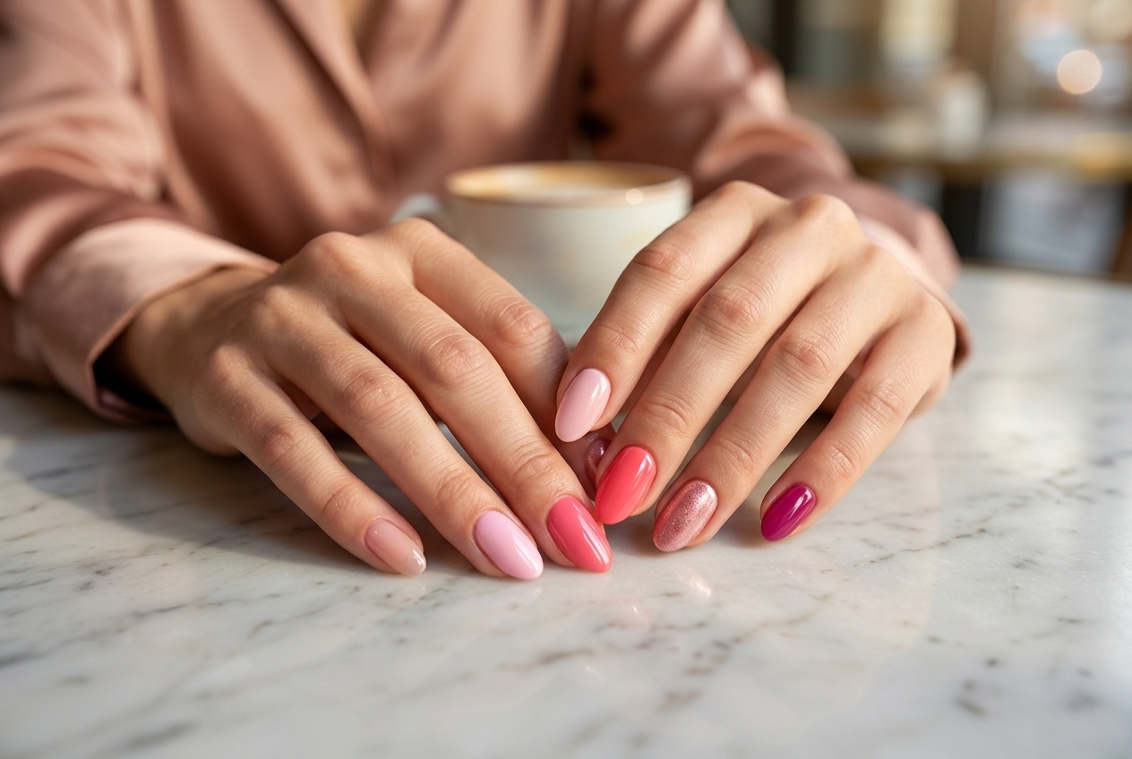 Woman wearing a satin blouse with hands resting on a marble surface showcasing multiple pink nail shades from sheer blush to bold magenta