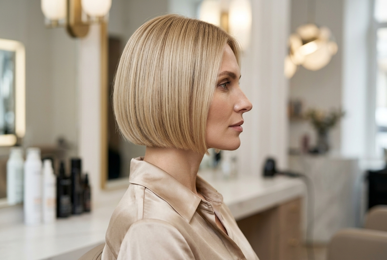 A woman with short fine hair wearing a satin blouse sitting in a hair salon