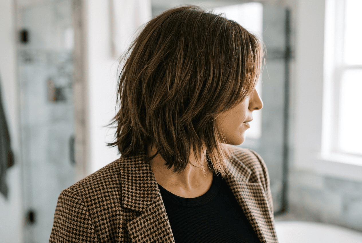 Woman with short choppy layered haircut shown from the side