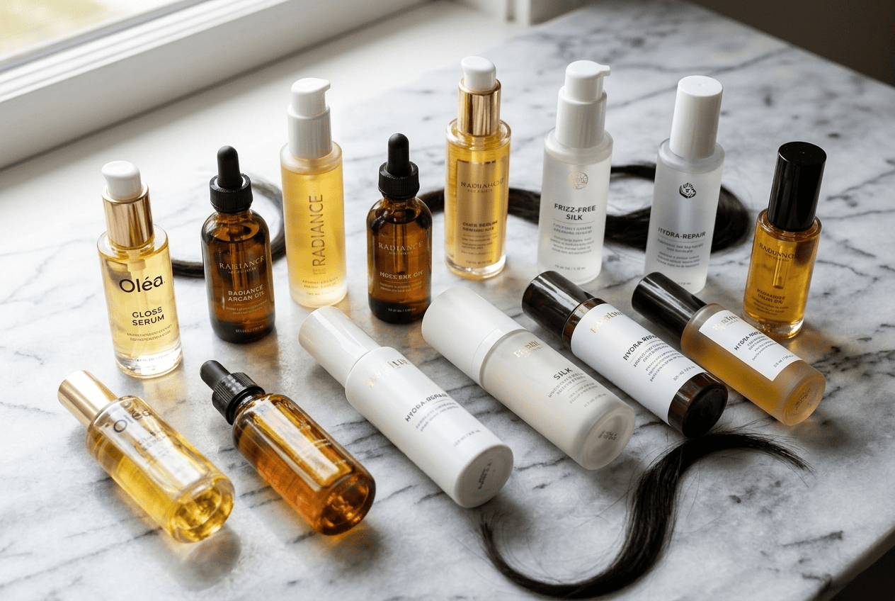 Twelve hair serum bottles arranged for frizz free hair