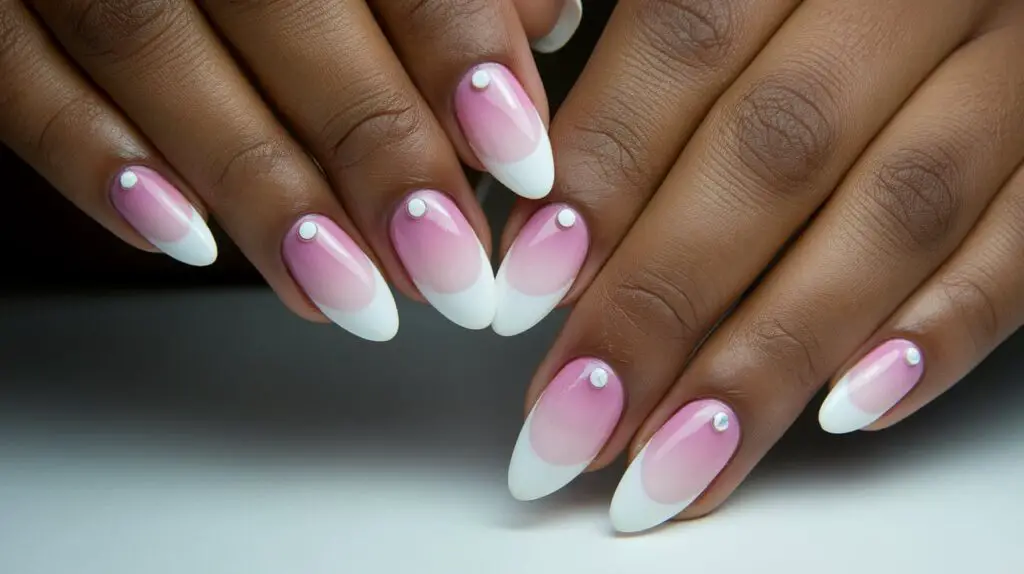 Pink White Oval Almond Shaped Nail Design For Black Women 