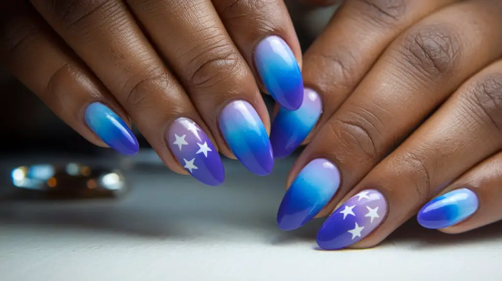 Blue Oval Almond Shaped Nail Stars Design For Black Women 