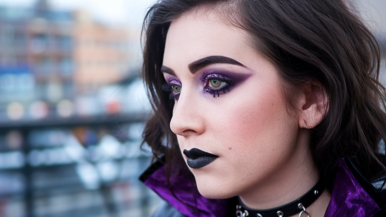 woman with Gothic makeup. She has dark purple eyeshadow, black lipstick, and her eyebrows are filled in