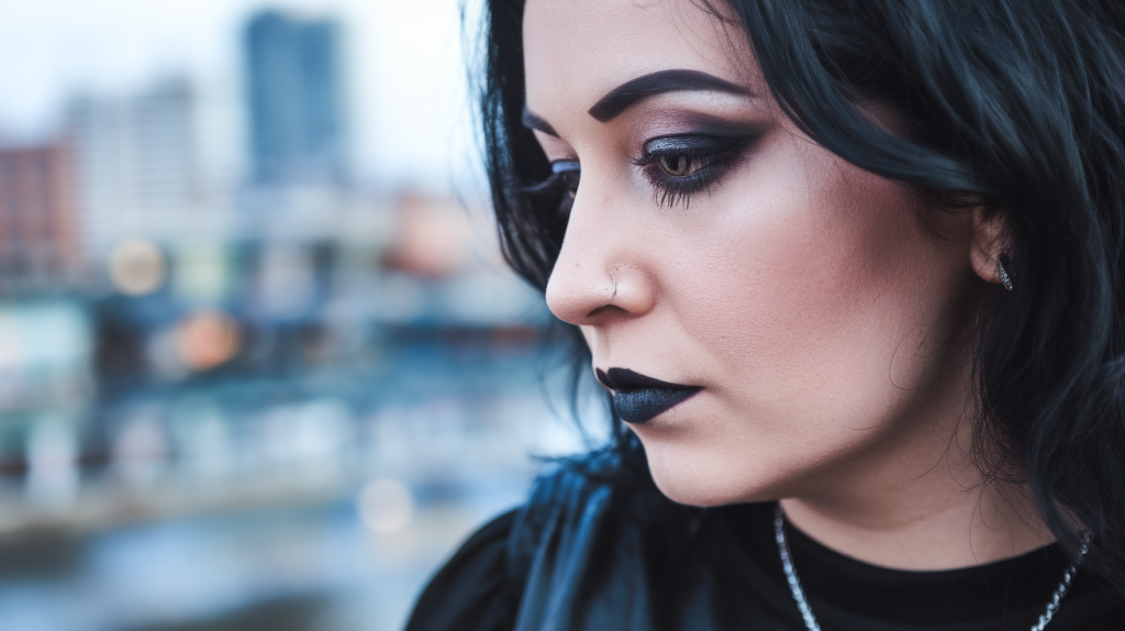 woman with Goth makeup. She has black hair and is wearing dark lipstick, eyeshadow, and eyeliner