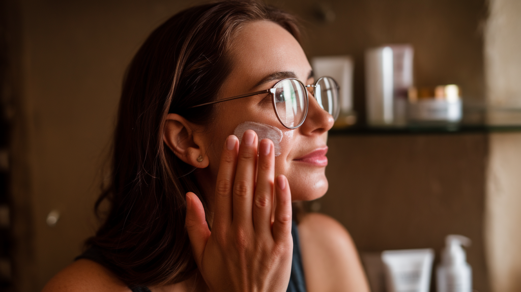 A side profile photo of an American woman with a warm lighting. She has dark brown hair and is wearing glasses. She is applying skincare products as part of her anti-aging nighttime routine. The background is blurred and contains skincare products.