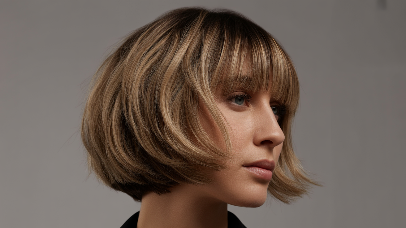 A professional studio portrait photograph showcases a Bosnian woman’s striking shaggy bob haircut with face-framing bangs.