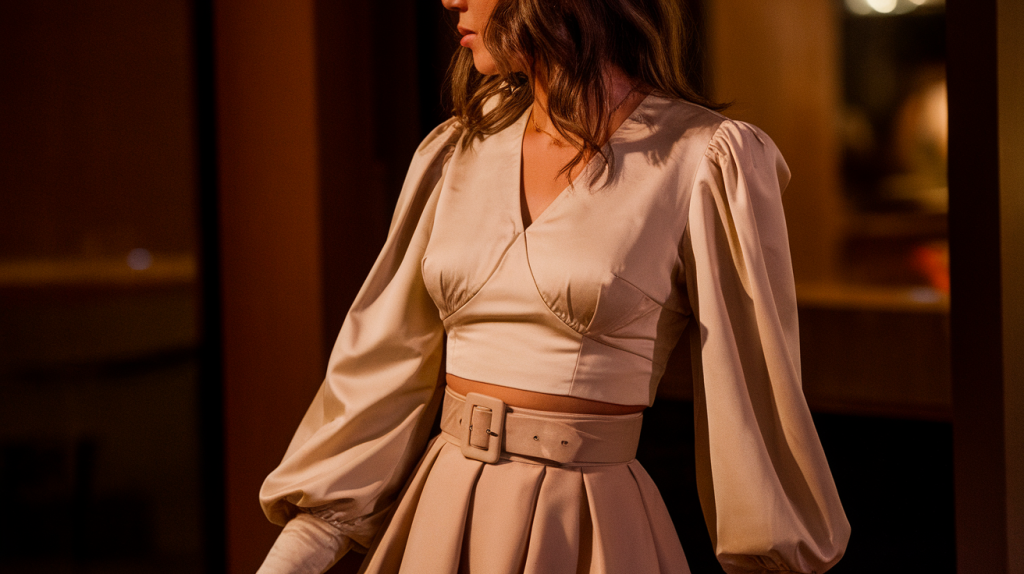 A side profile photo of a woman wearing a two-piece outfit for a night out. The top is a beige blouse with a v-neck and puffed sleeves, tucked into a high-waisted beige skirt with a pleated front. She wears a beige belt around her waist. The woman's hair is styled in loose waves. She is standing in a warm, ambient lighting.