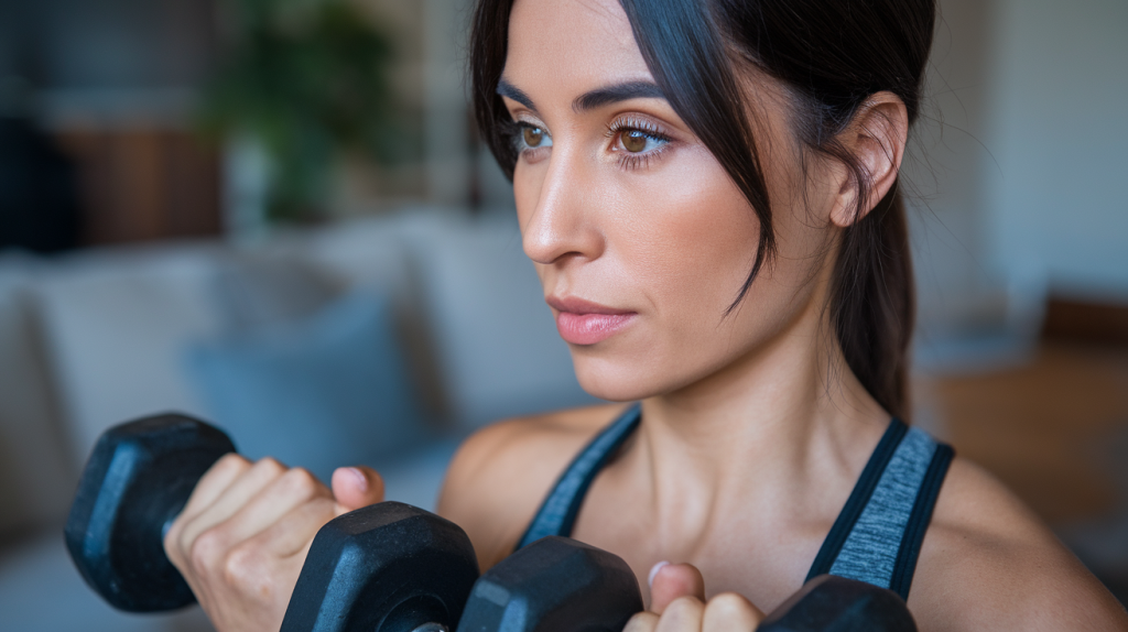 woman with dark hair and brown eyes, doing strength training with dumbbells at home