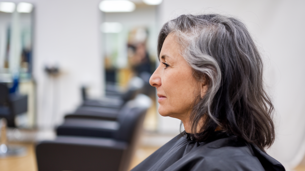 A side profile photo of a woman over 40s with gray hair growing out and dyed. She is sitting in a salon chair. The background is very blurred, showing a salon with other chairs and a mirror.