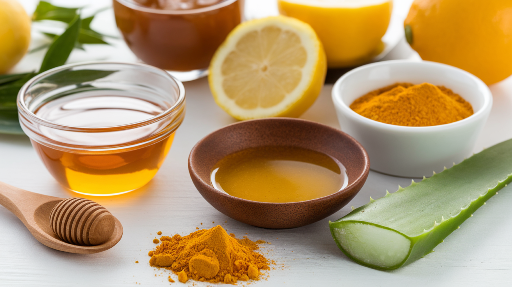 homemade skin care routine. There are various natural ingredients such as honey, lemon, turmeric, and aloe vera