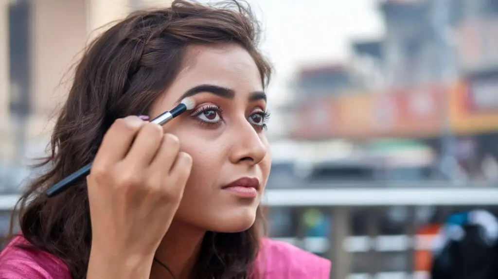 Bangladeshi woman applying eye Makeup