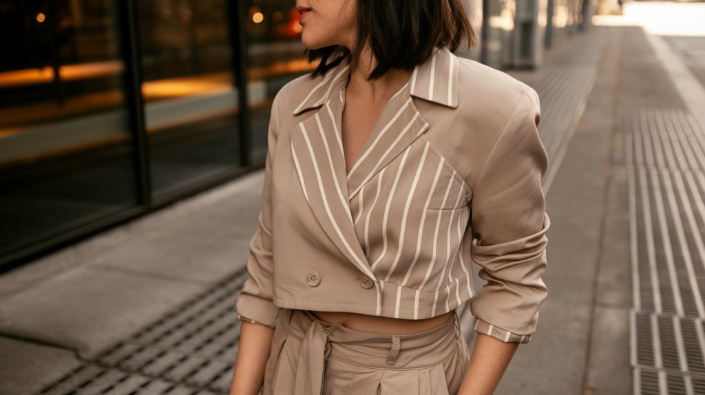 A side profile photo of a woman wearing a two-piece outfit on the street. She has dark hair and is wearing a beige blazer with a beige and white striped shirt underneath. The blazer has a few buttons undone. The woman is standing on a sidewalk with a patterned surface. The background contains a building with a glass facade. The lighting is warm.