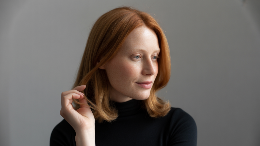 A studio portrait photograph of a British woman with a cool skin tone, showcasing her auburn hair in soft, natural light. She is captured in a three-quarter profile, her gaze peaceful and relaxed, as she gently touches a strand of hair, highlighting the rich color variations.
