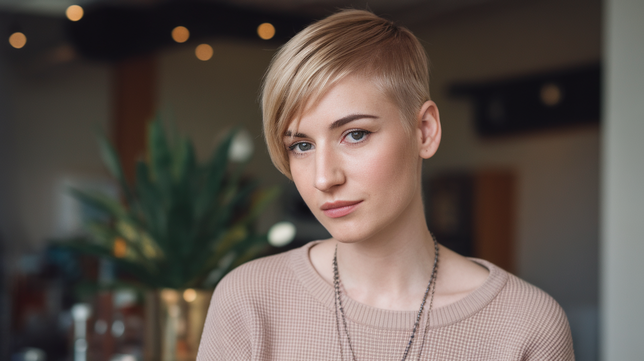 A medium shot of a woman with an asymmetrical short haircut. She has a pixie cut on one side and a slightly longer cut on the other side. She is wearing a beige sweater and a necklace. The background is blurred and contains a plant and a few items. The lighting is soft.