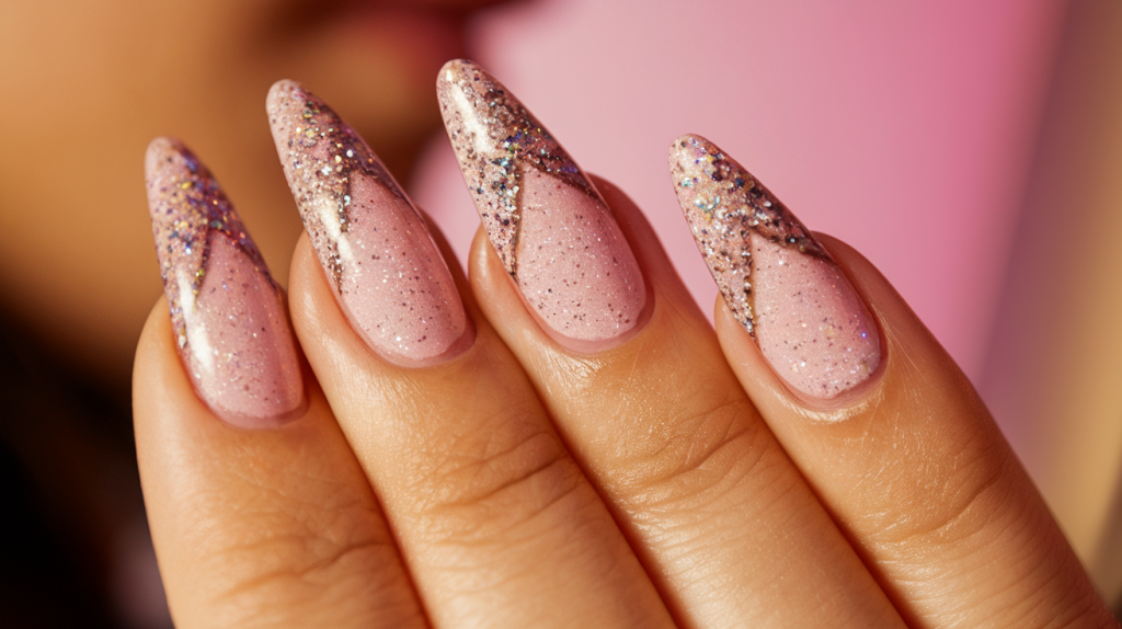 A close-up side profile photo of a Korean subtle sparkle glitter accent nail design. The nails have a light pink base with small glitter particles. There is a larger glitter accent on each nail. The nails are shaped in a stiletto style. The background is blurred and contains a pink gradient wall. The lighting is warm.