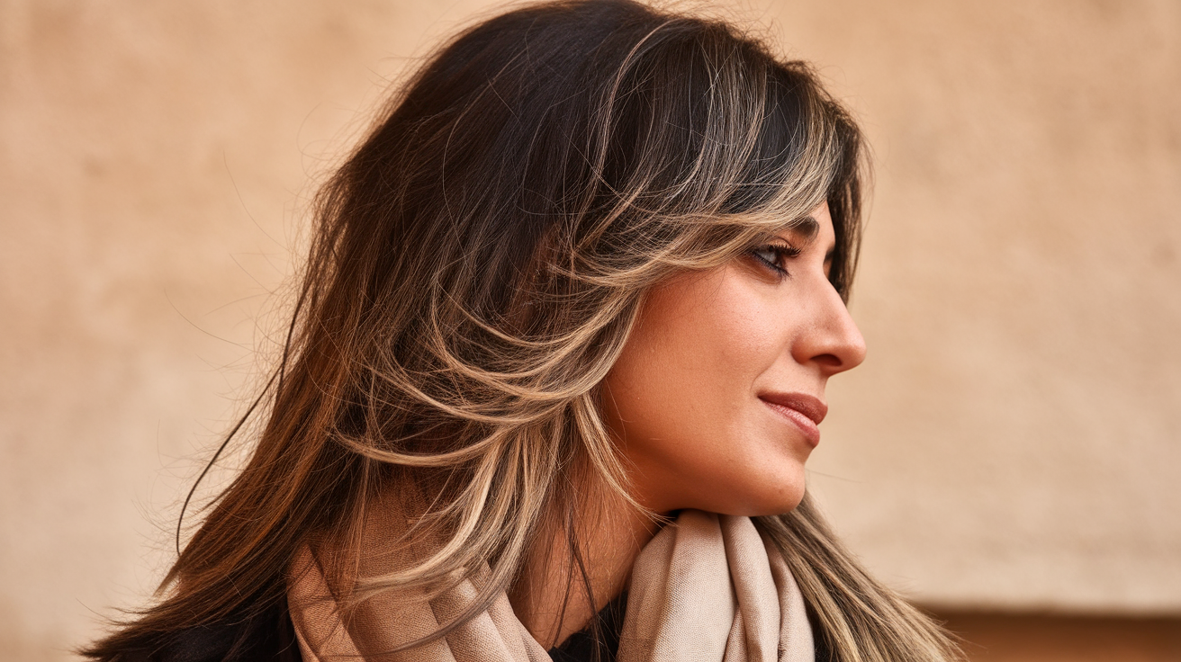 A side profile photo of an Algerian woman with long hair that has layers and side bangs. Her hair is dark brown and has a few highlights. She is wearing a beige scarf around her neck. The background is a beige wall. The lighting is warm.