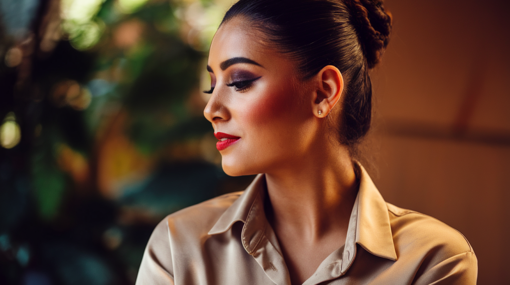 A side profile photo of a Dominican woman with warm lighting. She is wearing a beige shirt and has her hair in a bun. Her makeup is Latin-inspired, with dark eyeshadow, red lipstick, and a touch of blush. The background is blurred and contains greenery.