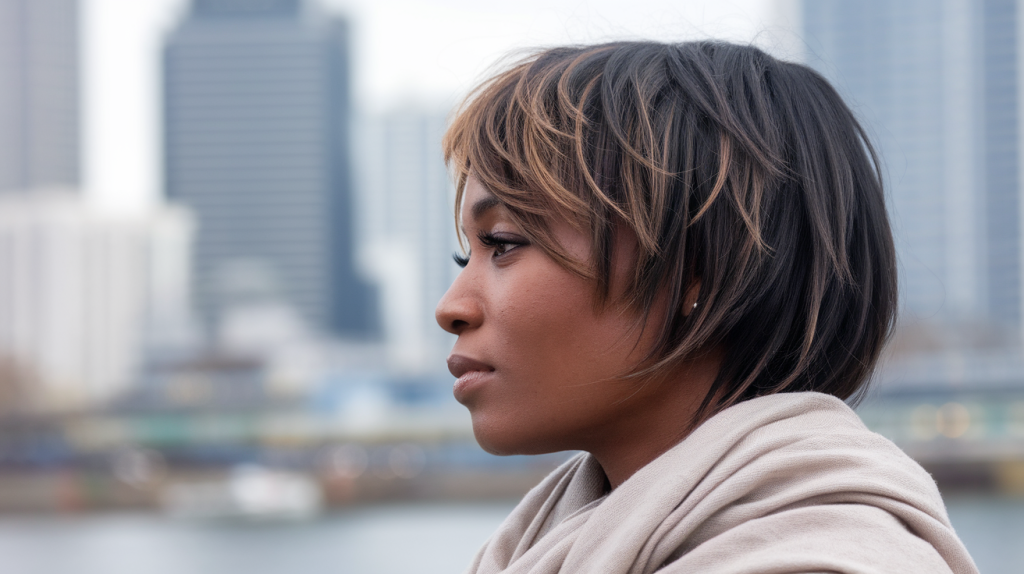 African woman with a layered shag haircut