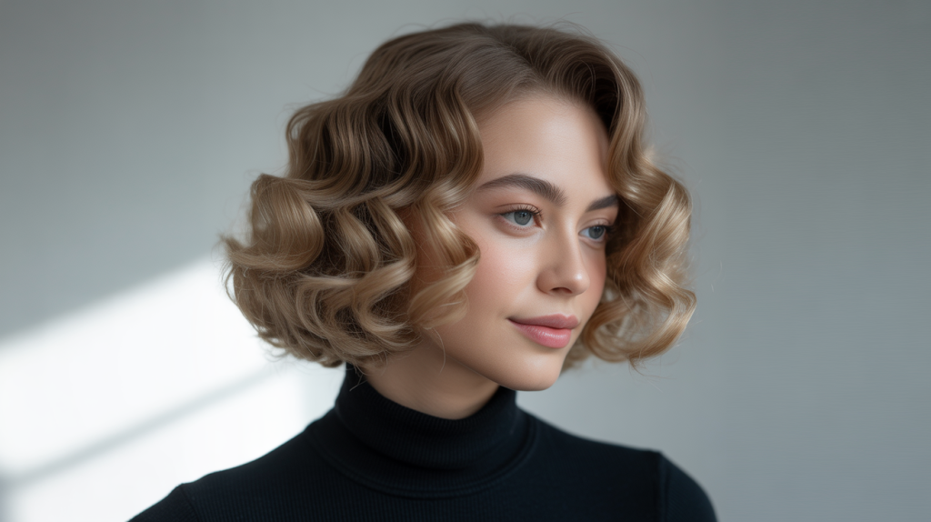 A professional studio portrait photograph of a young woman showcasing a modern perm hairstyle, captured in a side profile view.