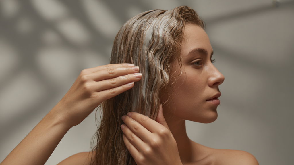 A professional studio portrait photograph showcasing a Belgian woman applying coconut oil to her long, flowing hair, focusing intently on the application process.