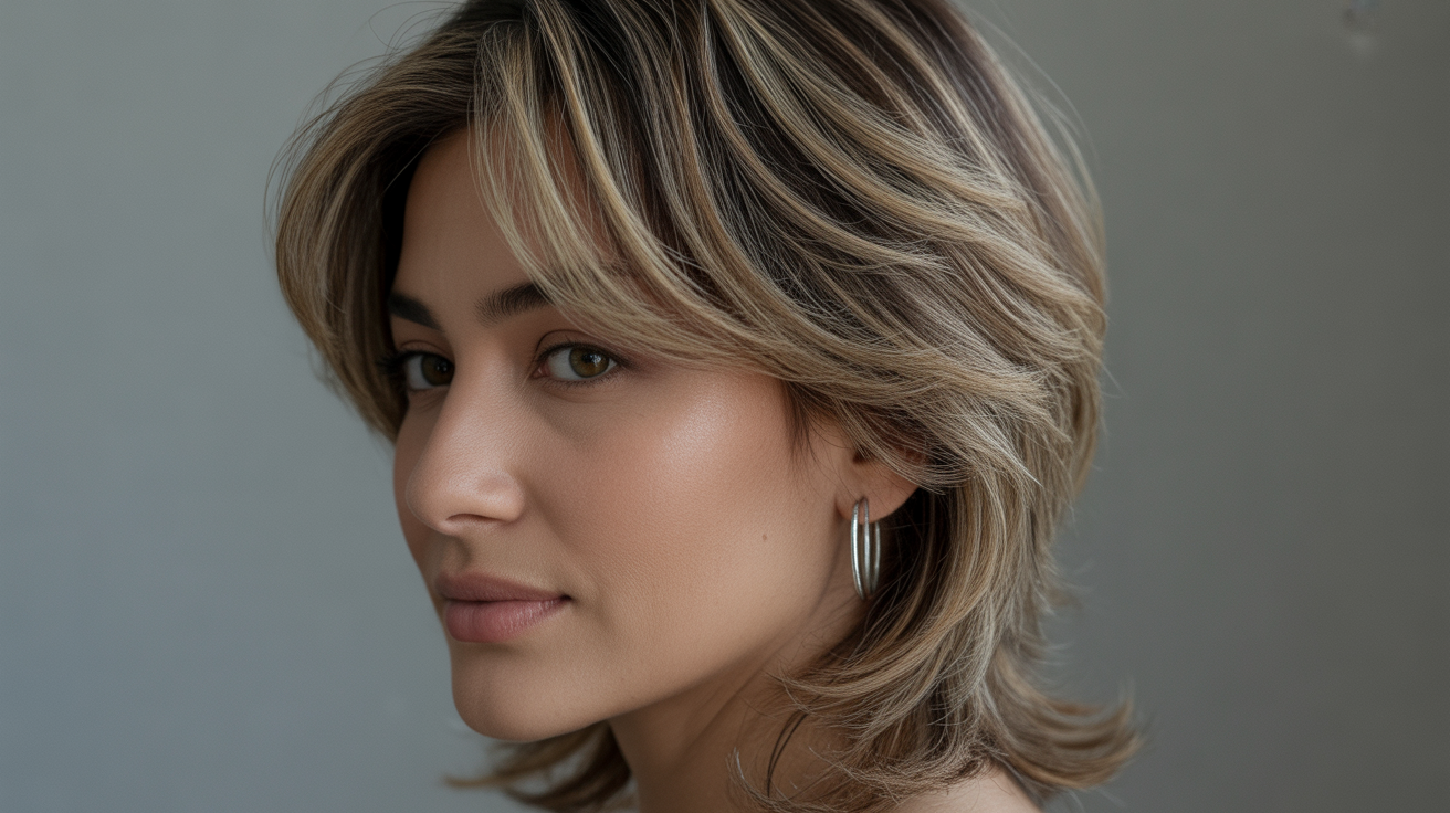 A professional studio portrait photograph of a woman showcasing meticulously layered hair that frames her face softly.