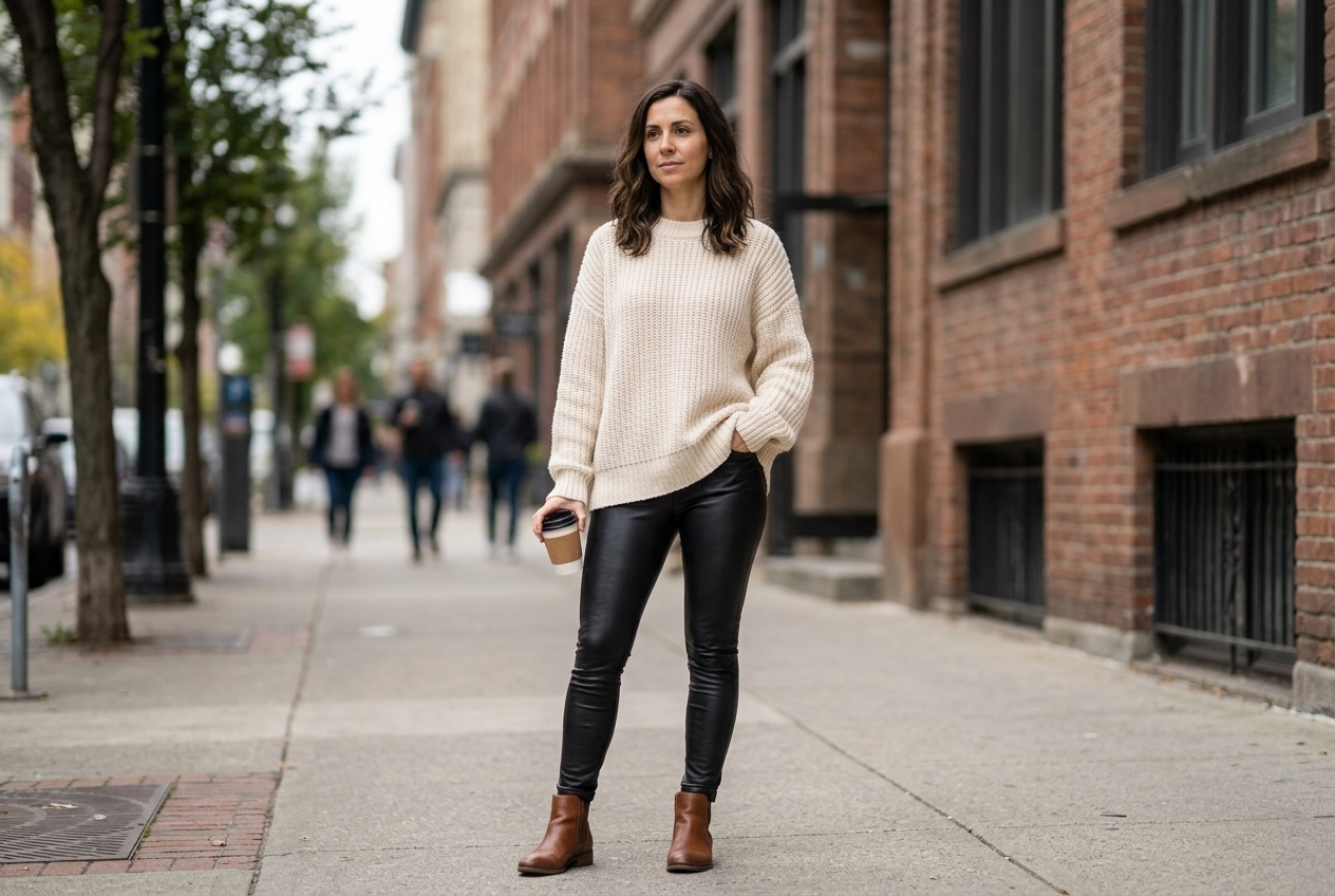 Woman styling leather leggings with an oversized sweater and ankle boots