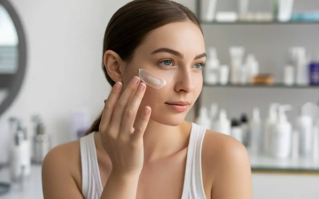 woman applying skincare product on dry skin