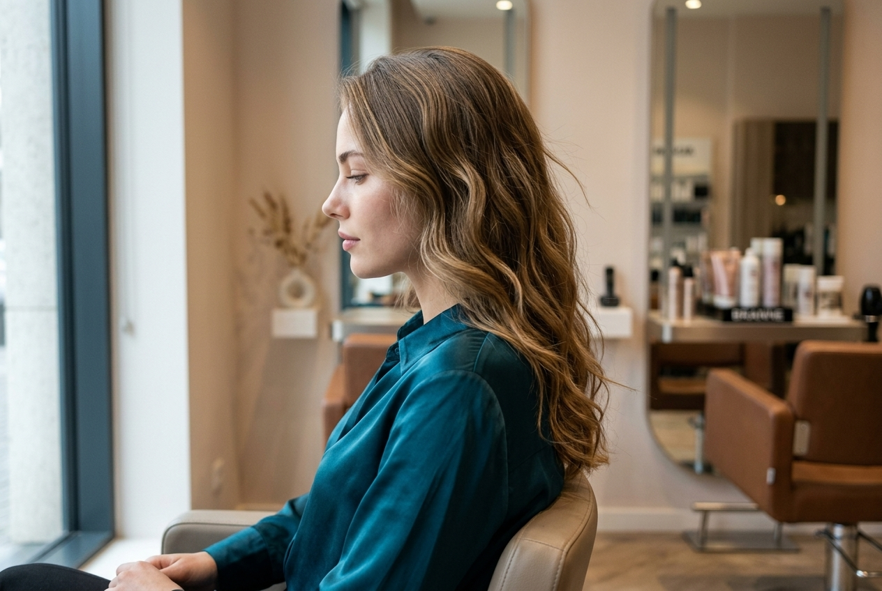 Woman with natural 2A wavy hair showcasing soft S-shaped waves in a hair salon
