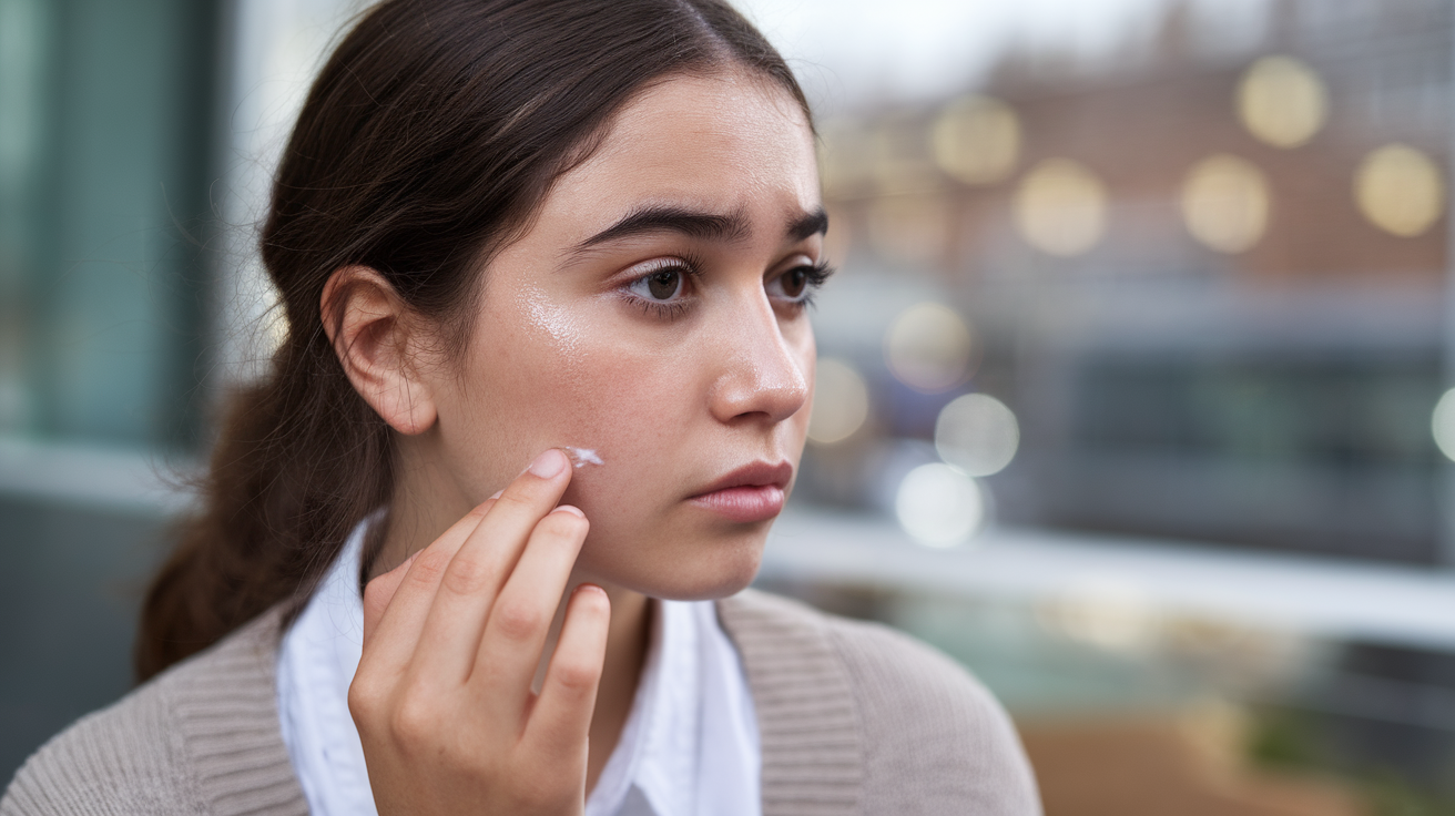 female teen with oily skin taking care of her skin. She has dark brown hair and wears a white shirt and a beige cardigan