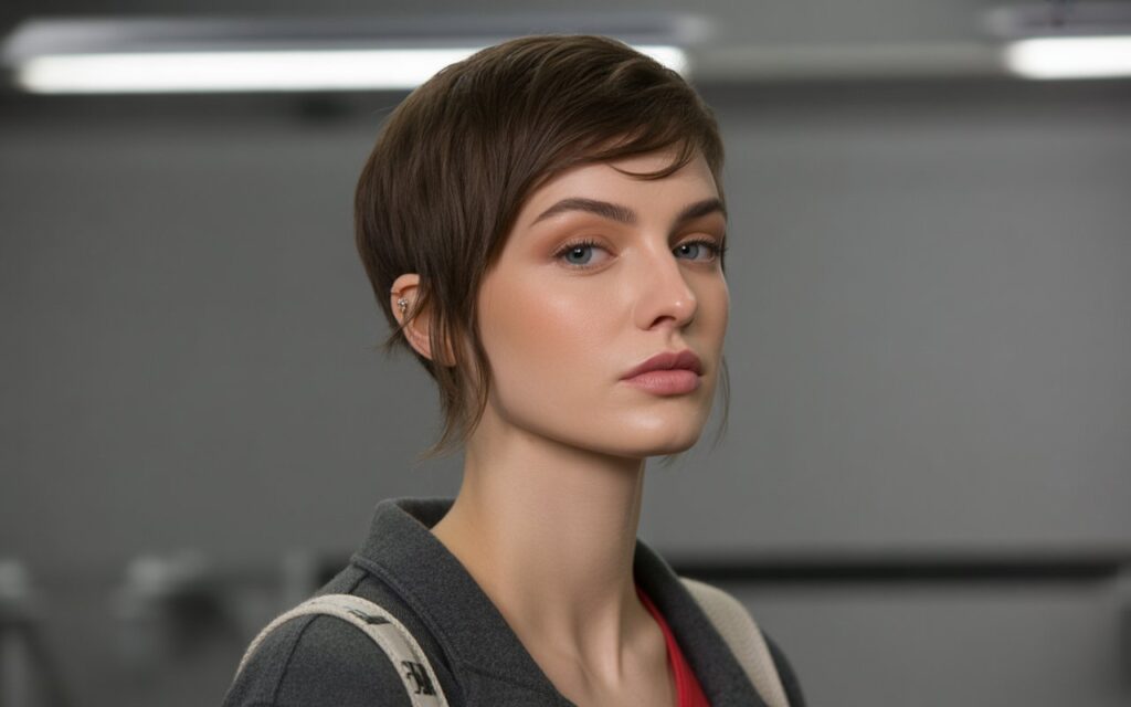 Professional female fashion model with modern haircut