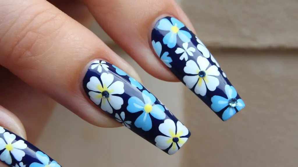 Long Nails with White and Blue Flowers Nail Art