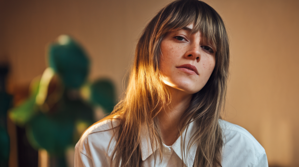 A photo of a woman with long, straight hair and a layered cut. She has her hair down and is wearing a white shirt. The lighting is warm, casting a glow on her face. The background is blurred and features a green plant.