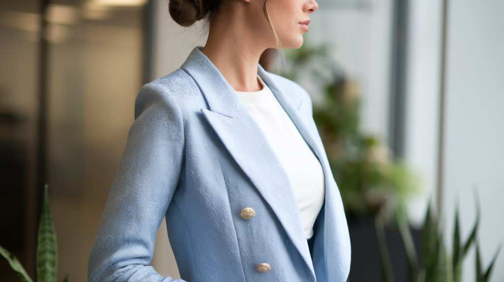 A side profile photo of a woman in a office setting. She is wearing a two-piece outfit with a light blue blazer and a white shirt underneath. The blazer has gold buttons and the fabric has a subtle pattern. The woman has her hair tied up in a bun. The background is blurred and contains a few plants and a window. The lighting is soft and natural.