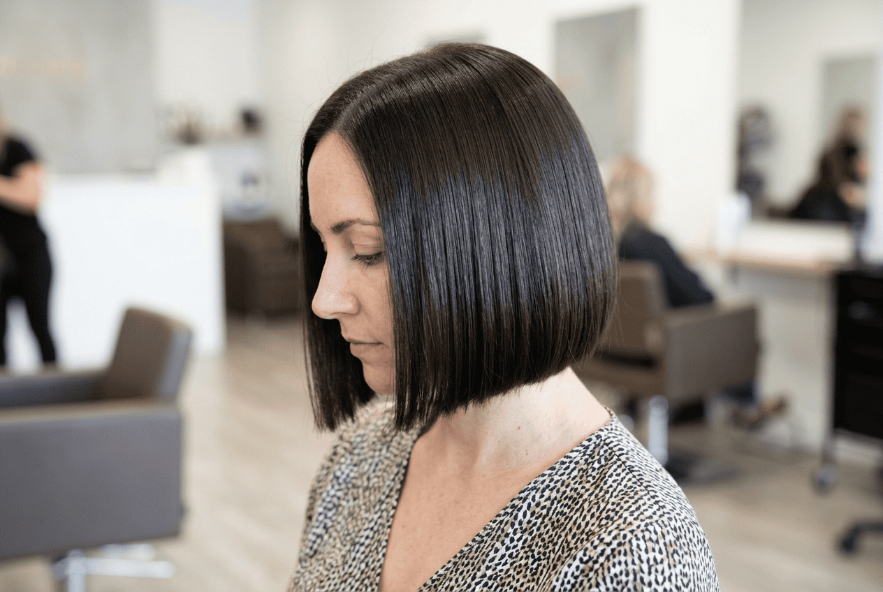 Woman with a classic blunt bob haircut shown from the side