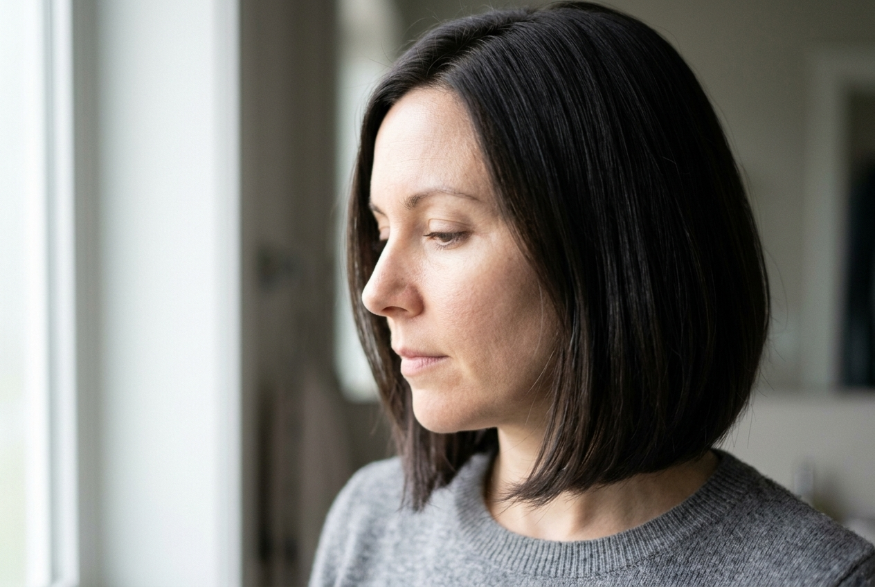 Deep brunette hair color framing a womans face for a slimmer look
