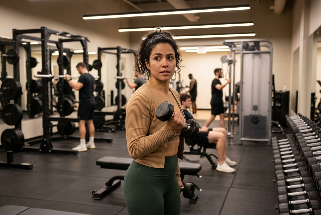 Brazilian woman standing in a gym holding a dumbbell looking around with curiosity