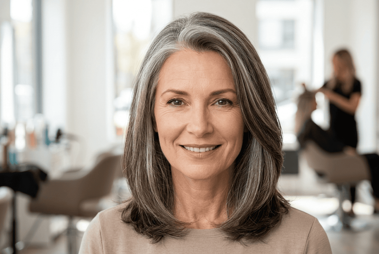 Mature woman with softly blended gray and brown hair transition