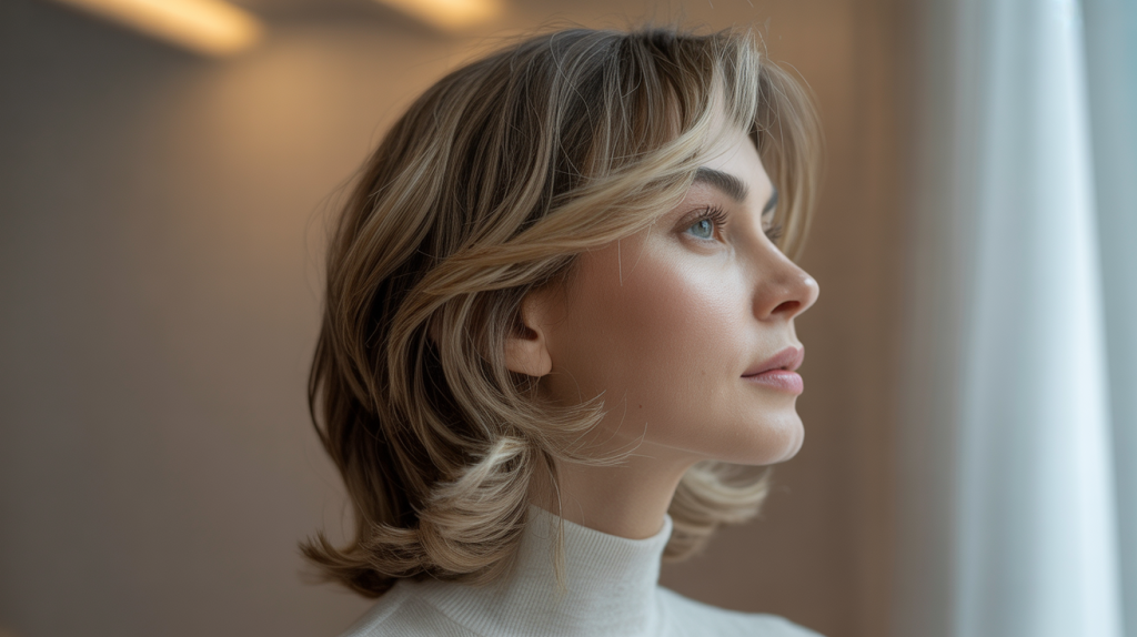 A professional side profile portrait photograph of a woman with soft, layered face-framing hair that gracefully accentuates her features.