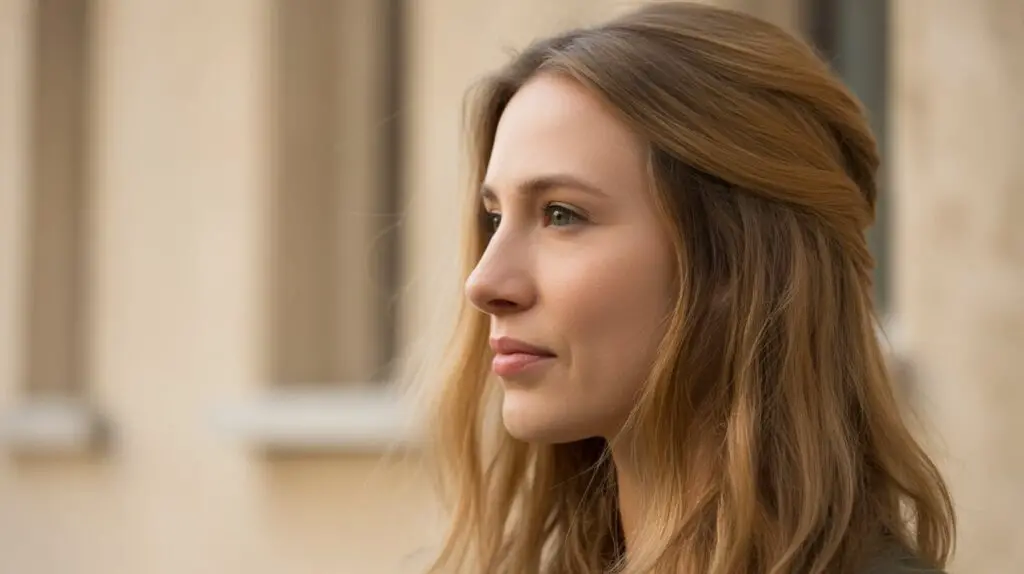 Side profile photo, big close-up to Light Brown Hair Color concept, hair female model, natural and relaxed expression, casual clothing, warm natural lighting, DSLR quality, sharp focus