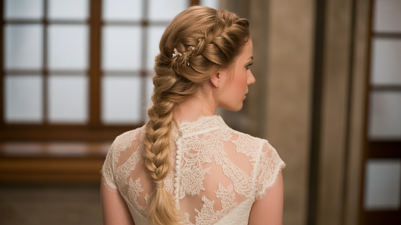 French Braid, wedding bride, back profile professional photo, photo studio blurred background